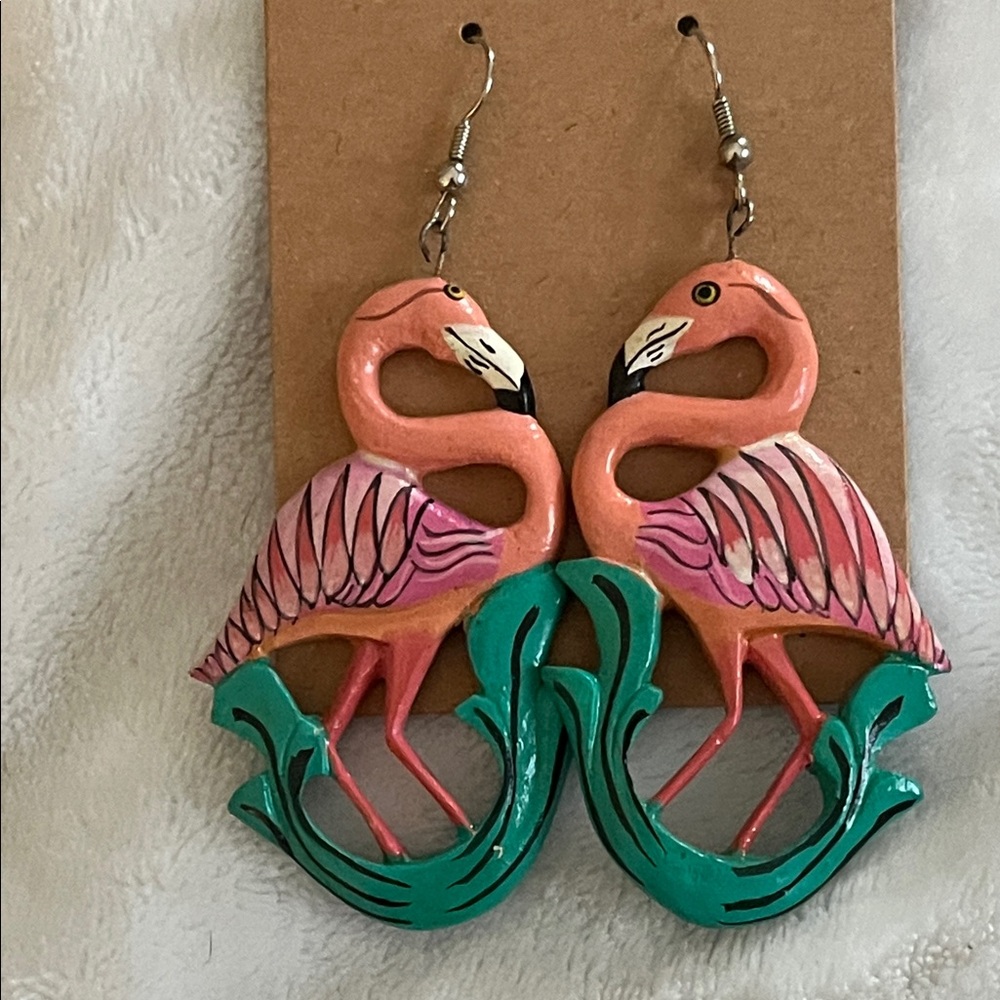 Wooden Flamingo Dangle Earrings
